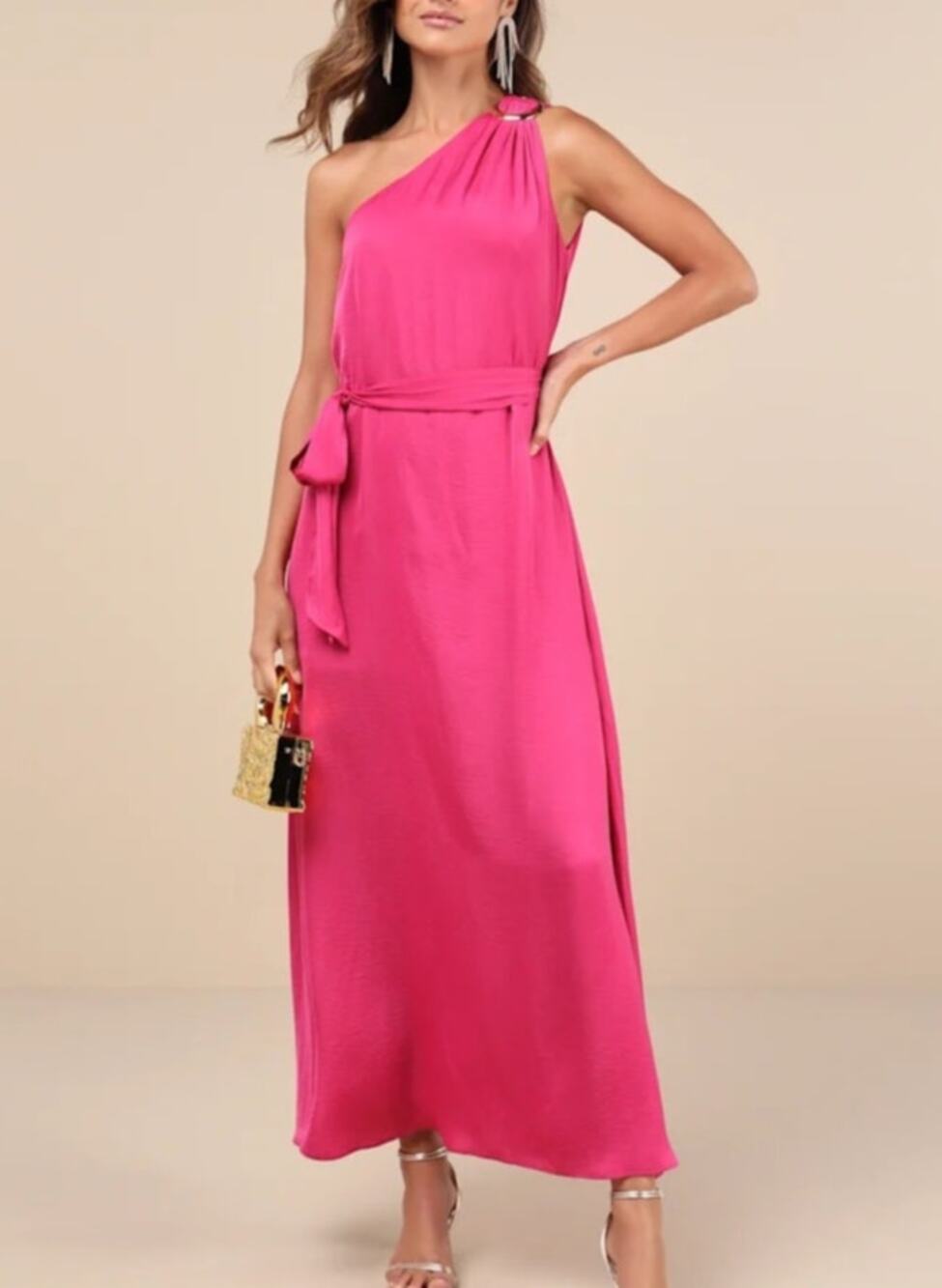 Lulu's Womens Satin One Shoulder Maxi Dress Belted S Pink Wedding Guest Event